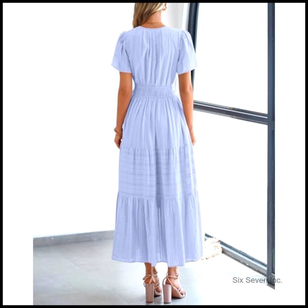 Lightweight Maxi Dress with Short Sleeves V Neck Elastic Waist Pockets - Picture 3 of 7